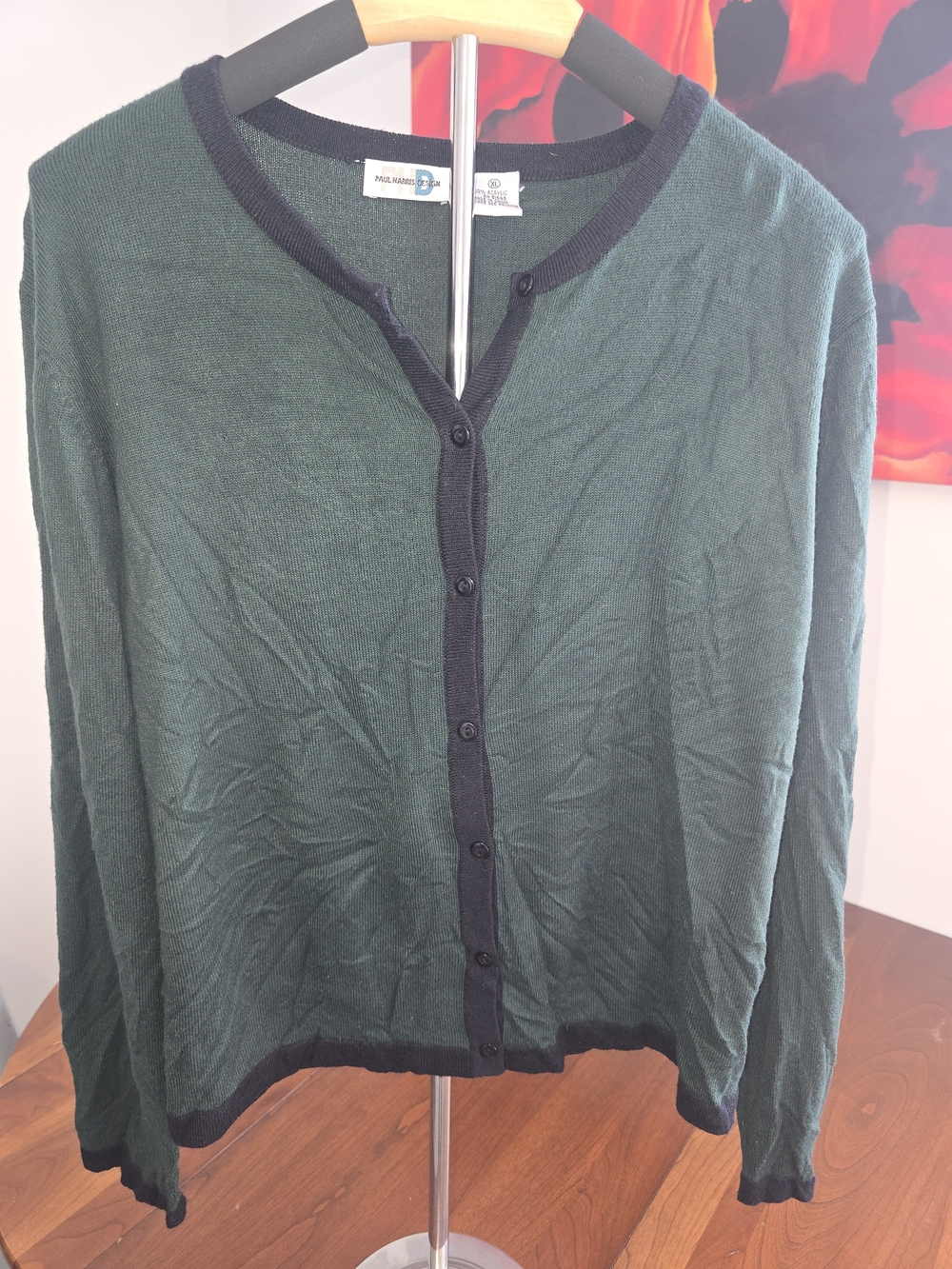 Paul Harris Design Dark Green Button-Front Contrast-Trim Cardigan Sweater, XL